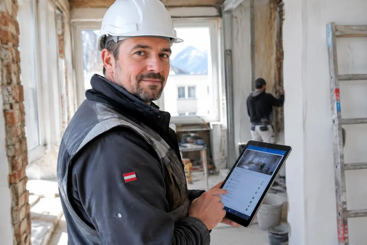 Bauleiter mit Tablet beim digitalen Bautagesbericht im Referenzprojekt